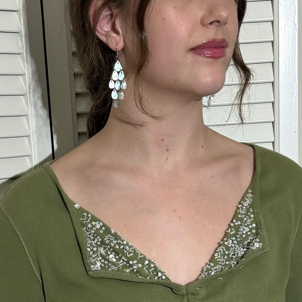 Women’s Top - Olive Green V-Neck with Sequins by For Joseph Fortune - Size M - Picture 6 of 16